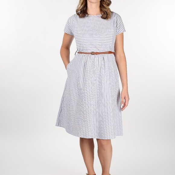 Breastfeeding Dress Cotton Gray Stripe Knee Length with Pockets and Zippers - Picture 4 of 7